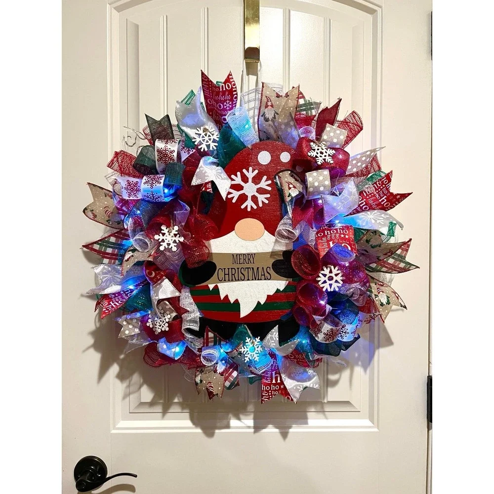 Christmas Snowflake Gnome Holiday Ribbon Door Wreath Handmade 22 ins LED W9